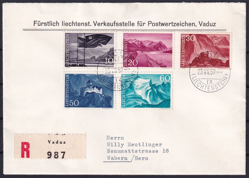Liechtenstein 1959 Nr. 326, 327, 328, 330 und 331 FDC