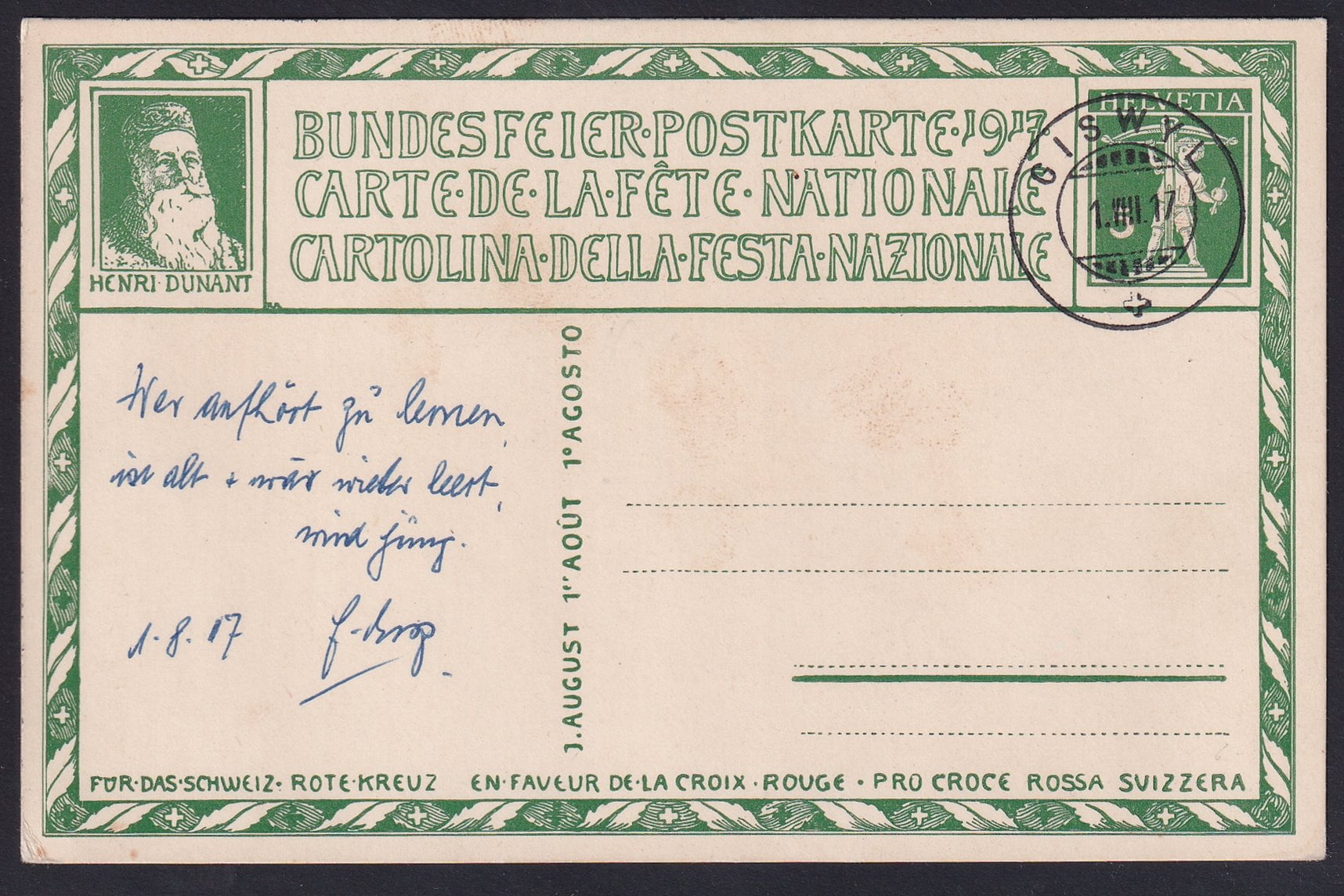 Schweiz Bundesfeierkarte 1917 Nr. 16 a "Helvetia" gestempelt 01.08.