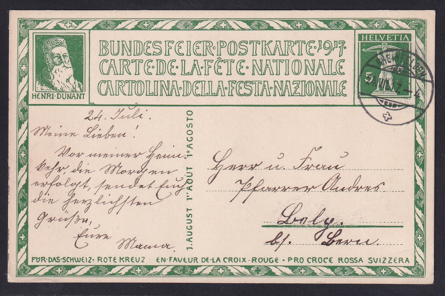 Schweiz Bundesfeierkarte 1917 Nr. 16 "Helvetia" gestempelt