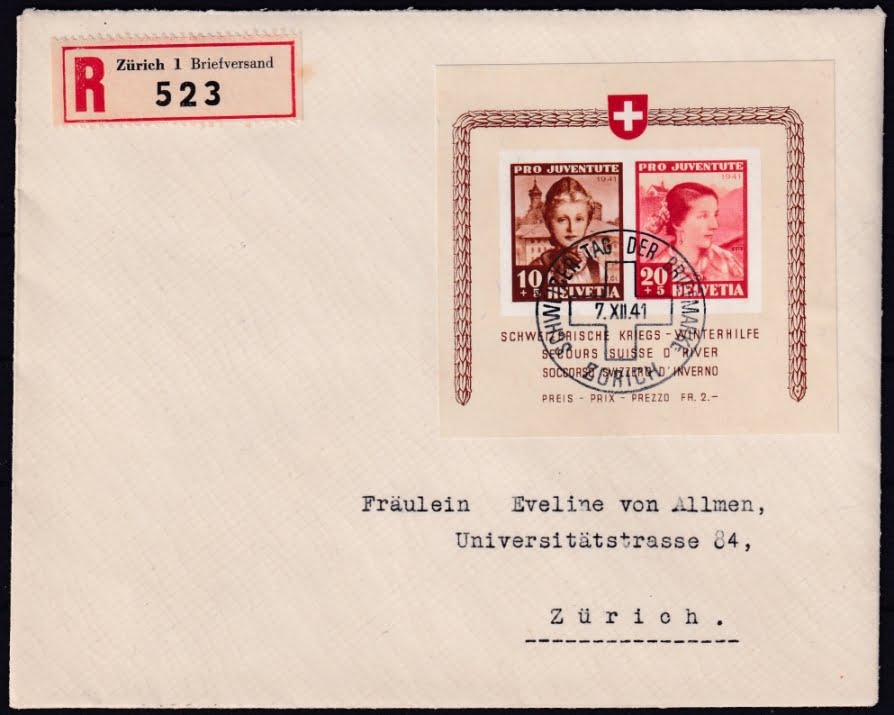 Schweiz Pro Juventute 1941 Block 6 auf R-Brief