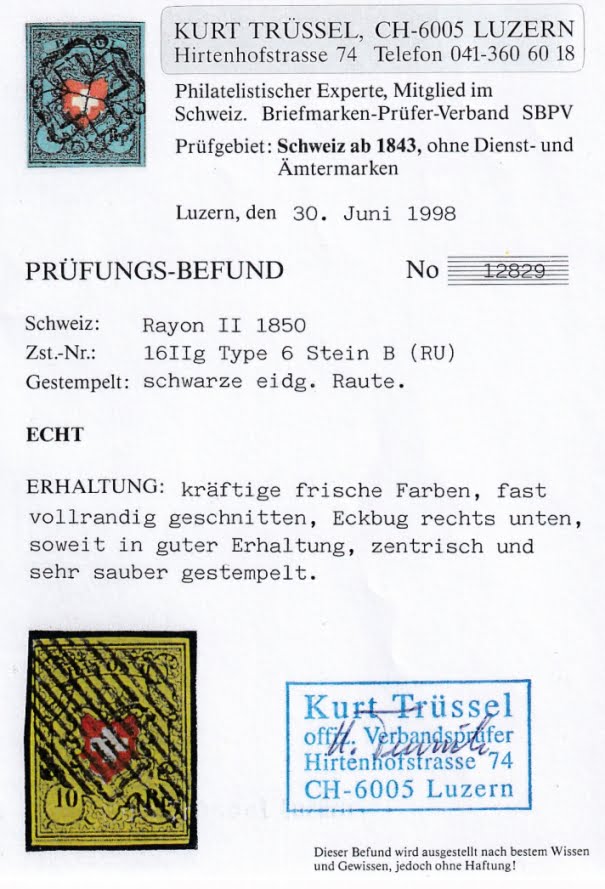 Schweiz Rayon II 1850 Nr. 16 IIg Type 6 B-RU gestempelt mit schwarzer eidg. Raute – Bild 3