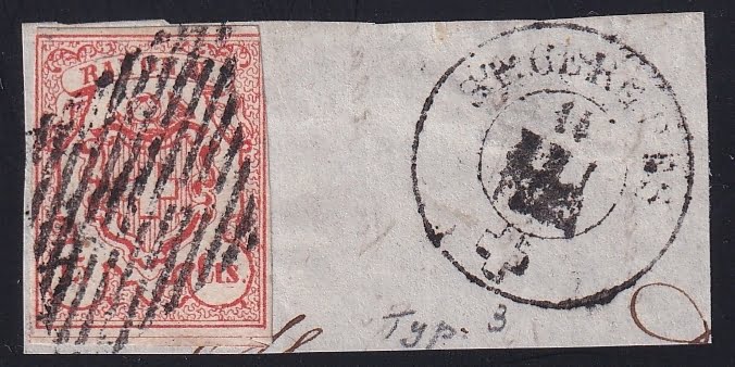 Schweiz Rayon III 1852 Nr. 19 Centimes Type 3 UMI auf Briefstück - schwarze eidg. Raute
