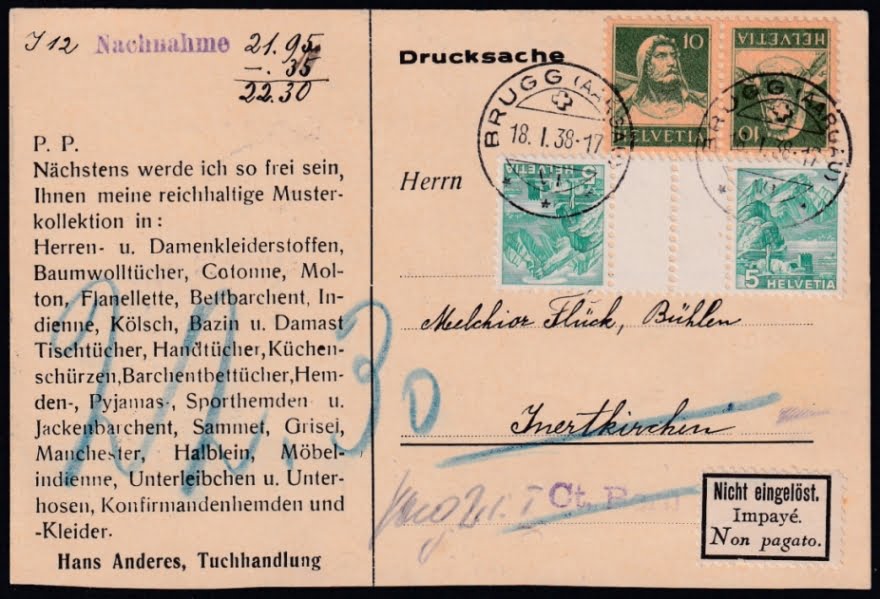 Schweiz 1938 Kehrdruck SBK Nr. K18 + S47y Karte "BRUGG" - Nachnahme nicht eingelöst