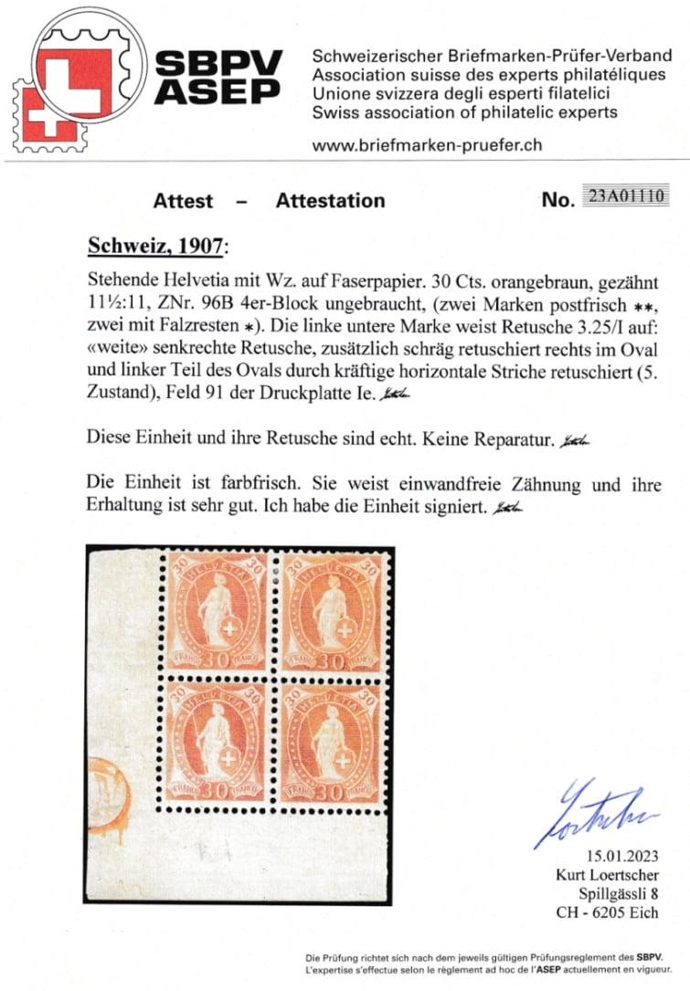 Schweiz stehende Helvetia 1907 Nr. 96B Viererblock **/* mit Ret. 3.25/I Stadium 5 und Schraubenabdruck – Bild 3