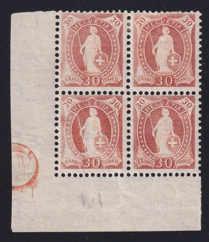 Schweiz stehende Helvetia 1907 Nr. 96B Viererblock **/* mit Ret. 3.25/I Stadium 5 und Schraubenabdruck