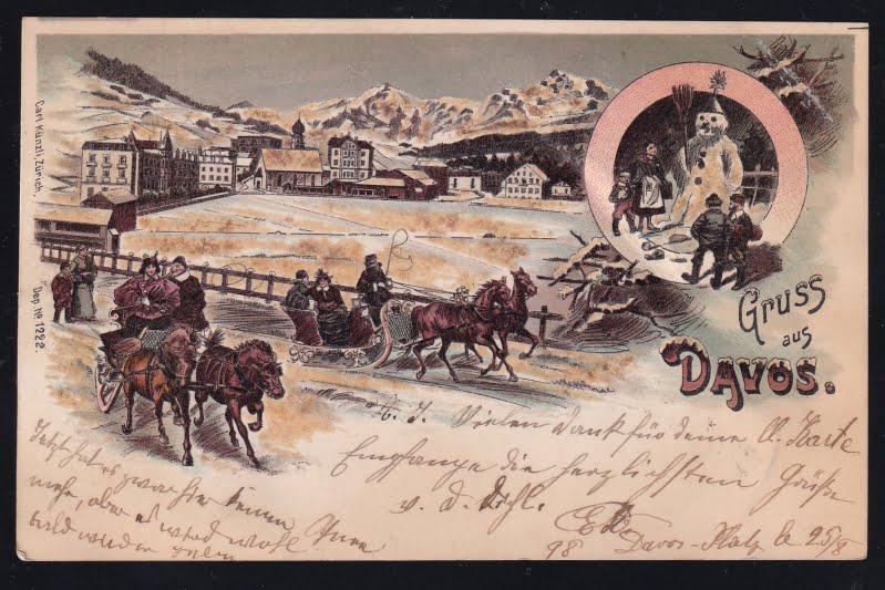 Schweiz Lithographie 1898 "Gruss aus DAVOS" mit Glitzer