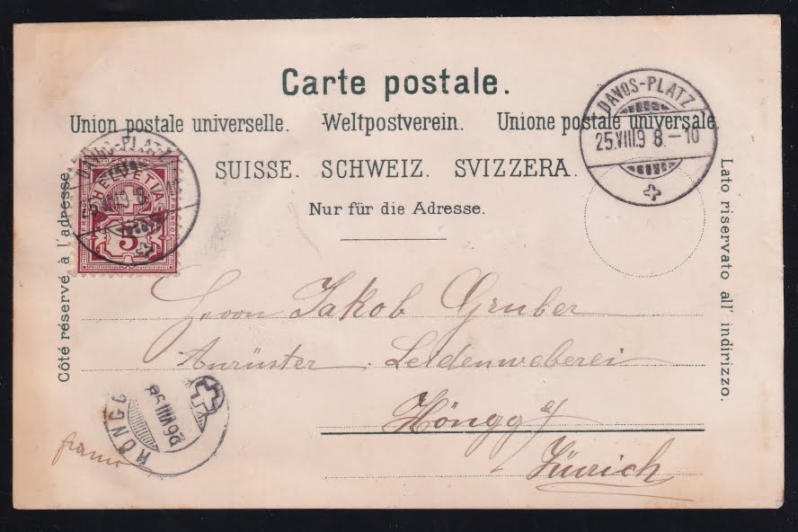 Schweiz Lithographie 1898 "Gruss aus DAVOS" mit Glitzer – Bild 2