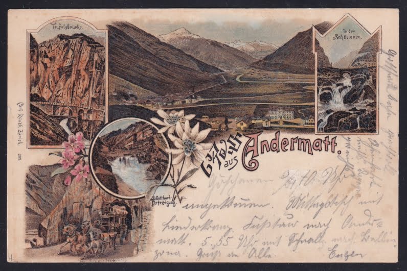 Schweiz Lithographie Gruss aus ANDERMATT