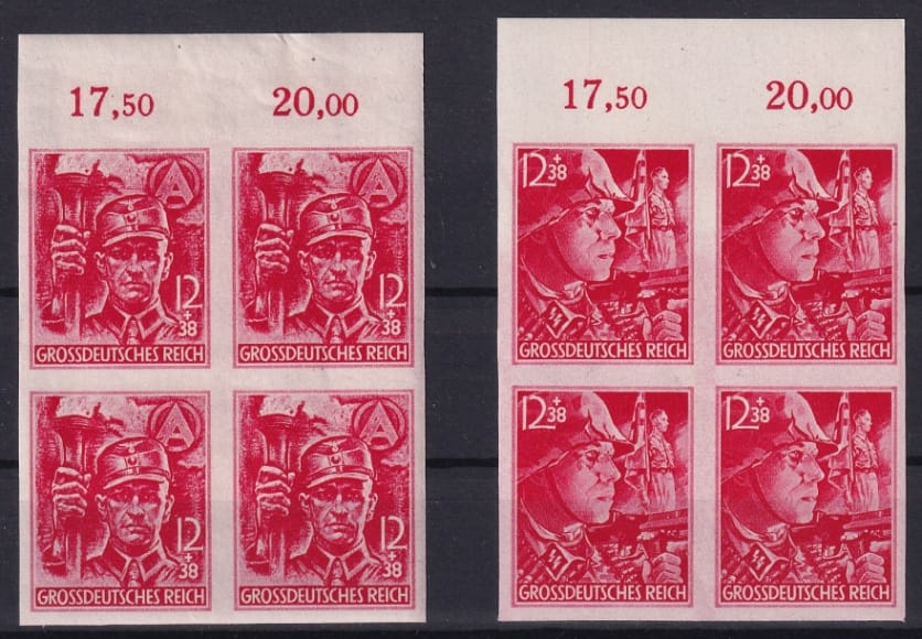Deutsches Reich Nr. 909U und 910U geschnitten 4er Blocks Bogenränder Nummern 7-8 und 17-18 postfrisch