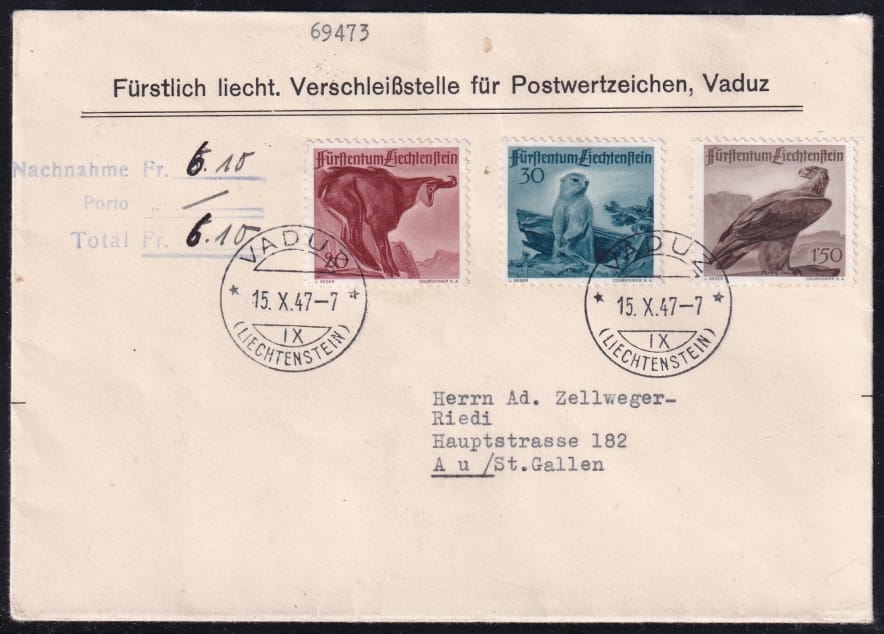 Liechtenstein, Jagdserie, Nr.213-215, Nachnahme-FDC