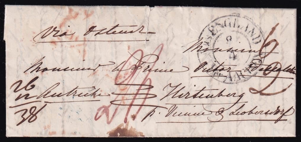 Postgeschichte Österreich 05.04.1849 Richmond - London - Ostende - Aachen - Wien - Löbersdorf - Hirtenberg