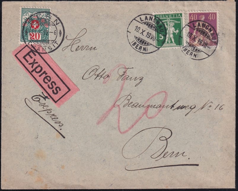 Schweiz Frankaturen ab 1907, Express-Brief ab Langnau