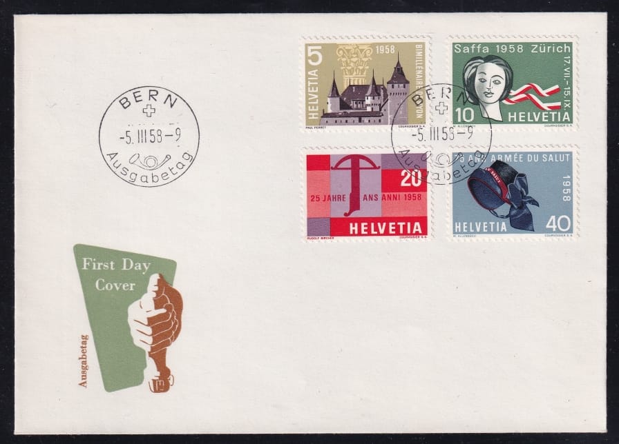 Schweiz Freimarken, illustrierter unadressierter FDC, 1958