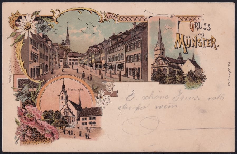 Schweiz Lithographie 1900 "Gruss aus Münster"