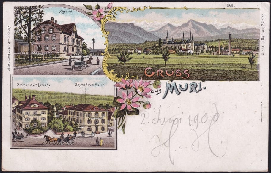 Schweiz Lithographie 1900 "Gruss aus Muri"