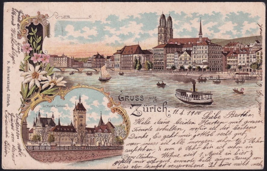 Schweiz Lithographie 1900 "Gruss aus Zürich"