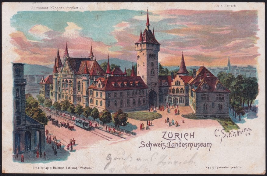 Schweiz Lithographie 1900 "Zürich Schweiz. Landesmuseum" Steinmann-Litho
