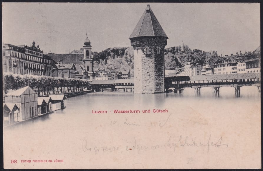 Schweiz Lithographie 1901 "Luzern - Wasserturm und Gütsch"