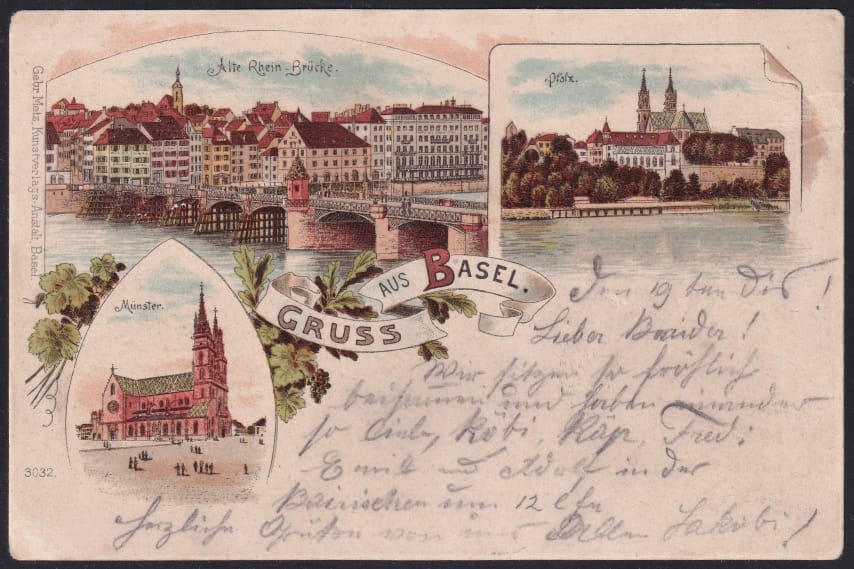 Schweiz Lithographie Gruss aus BASEL, 3 Bilder