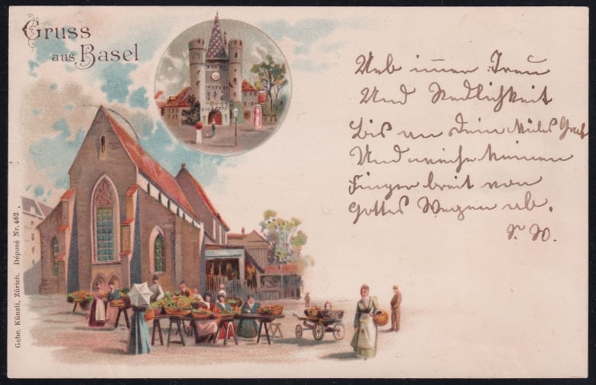 Schweiz Lithographie Gruss aus Basel, 2 Bilder, Farblitho