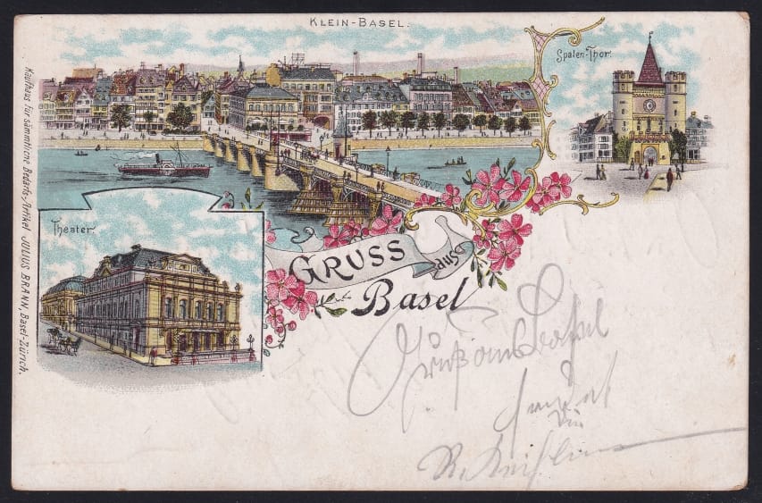 Schweiz Lithographie Gruss aus Basel, 3 Bilder