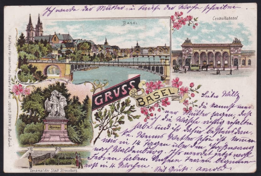 Schweiz Lithographie Gruss aus Basel, 3 Bilder