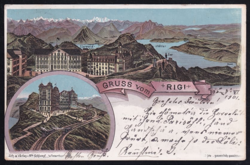 Schweiz Lithographien, Gruss vom Rigi, 2 Bilder, Farblitho