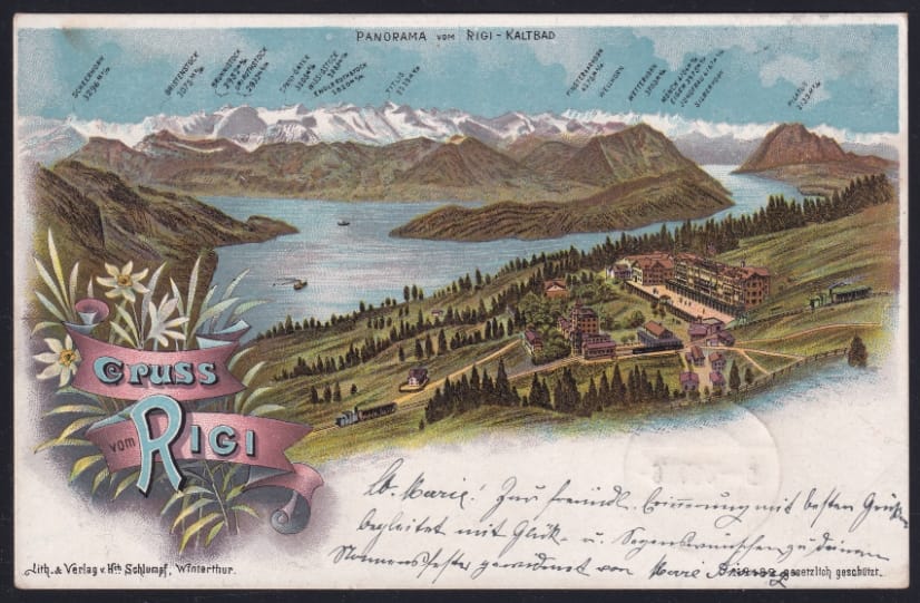 Schweiz Lithographien, Gruss vom Rigi, Panorama vom Rigi-Kaltbad