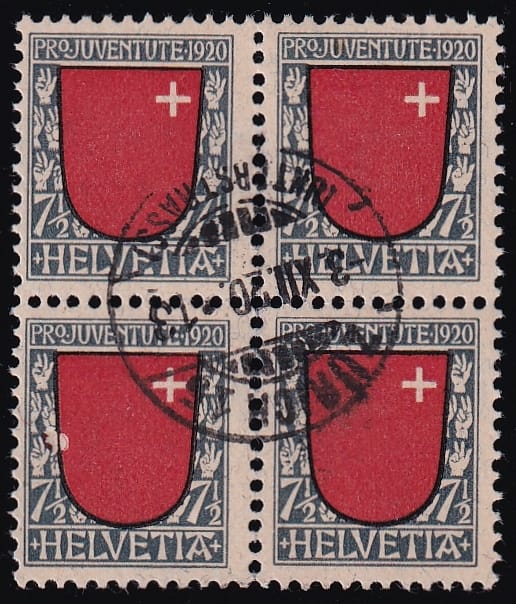 Schweiz Pro Juventute 1920 SBK Nr. J15 im Viererblock gestempelt "ZÜRICH"