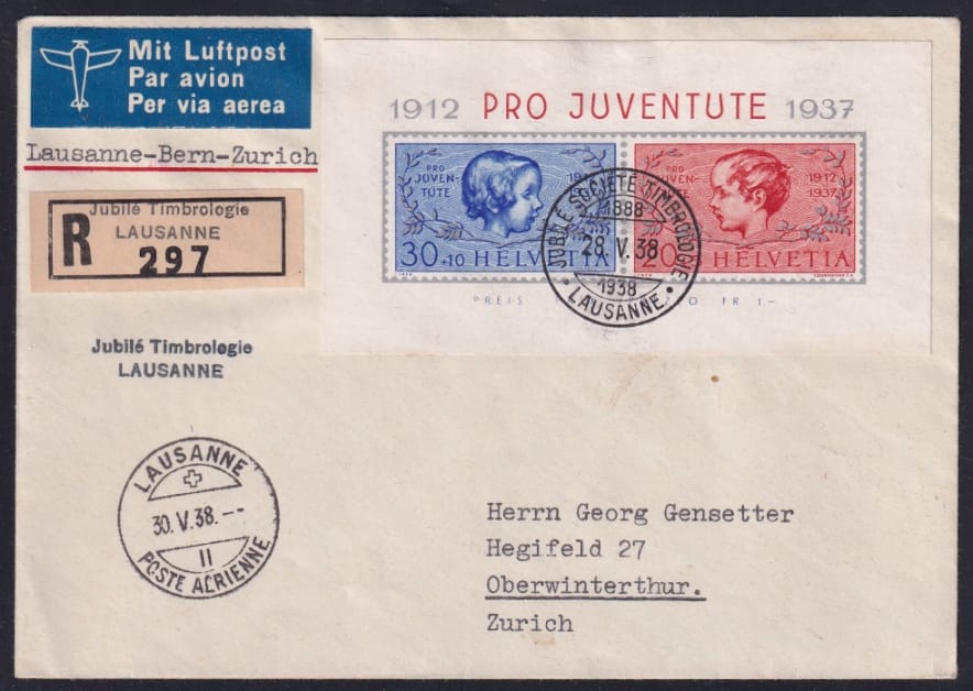 Schweiz Pro Juventute 1937, Jubiläumsblock, R-Flugbrief