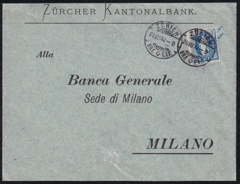 Schweiz Stehende Helvetia Nr.70C Bankbrief nach MAILAND