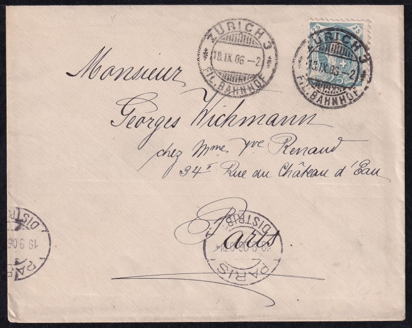 Schweiz, Stehende Helvetia, Nr.93A sauber gestempelt ZÜRICH, nach PARIS