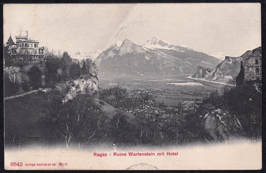 Ansichtskarte Schweiz 1907, Ragaz - Ruine Wartenstein mit Hotel, sw-Foto