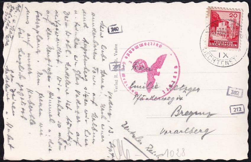 Liechtenstein 1934 Rollenmarke mit Klebstelle auf Ansichtskarte nach Bregenz, zensuriert