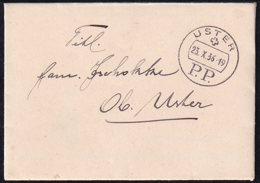 Schweiz Postgeschichte Zürich 1936, P.P. Stempel von USTER, kleinformatiger Brief