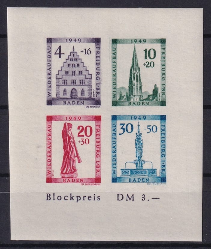 Deutschland 1949 Franz. Zone Baden Wiederaufbau der Stadt Freiburg, Block ungezahnt
