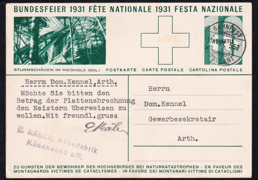 Schweiz Bundesfeierkarten 1931 Knabe mit Fahne Sturmschäden, sauber gestempelt BAHNPOST