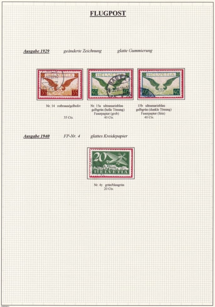 Schweiz Flugpost 1929-40 auf schön präsentierender A4 Albumseite, F14, F15 und F4y
