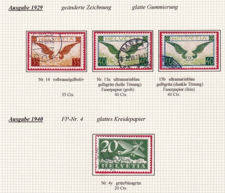 Schweiz Flugpost 1929-40 auf schön präsentierender A4 Albumseite, F14, F15 und F4y – Bild 2