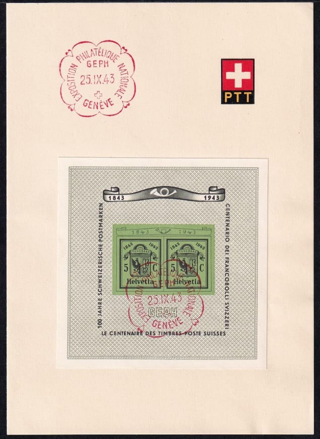 Schweiz Zuschlagsausgaben 1943, Genfer-Block auf PTT Faltblatt