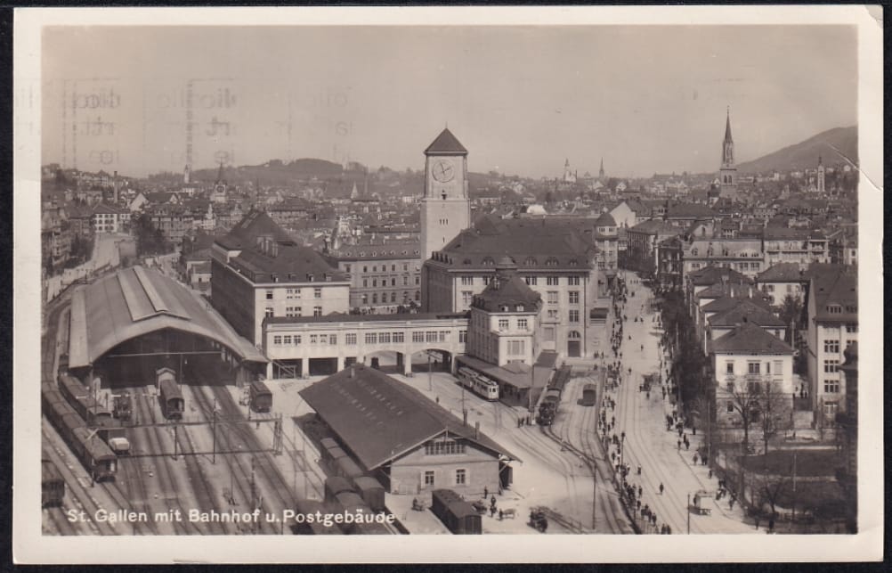 Ansichtskarte 1933, St. Gallen mit Bahnhof und Postgebäude
