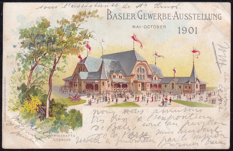 Litho Schweiz 1901 Basler Gewerbe-Ausstellung, Litho mit passendem Sonderstempel