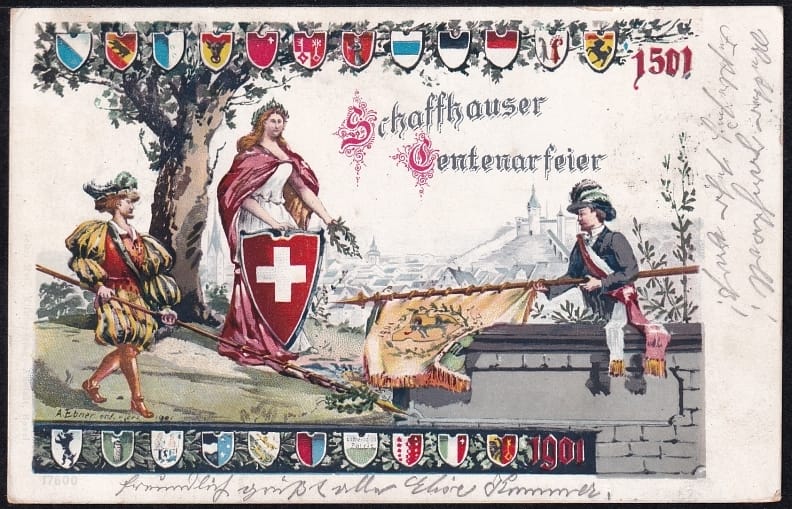 Litho Schweiz 1901 Schaffhauser Zentenarfeier farbig mit passender Vignette