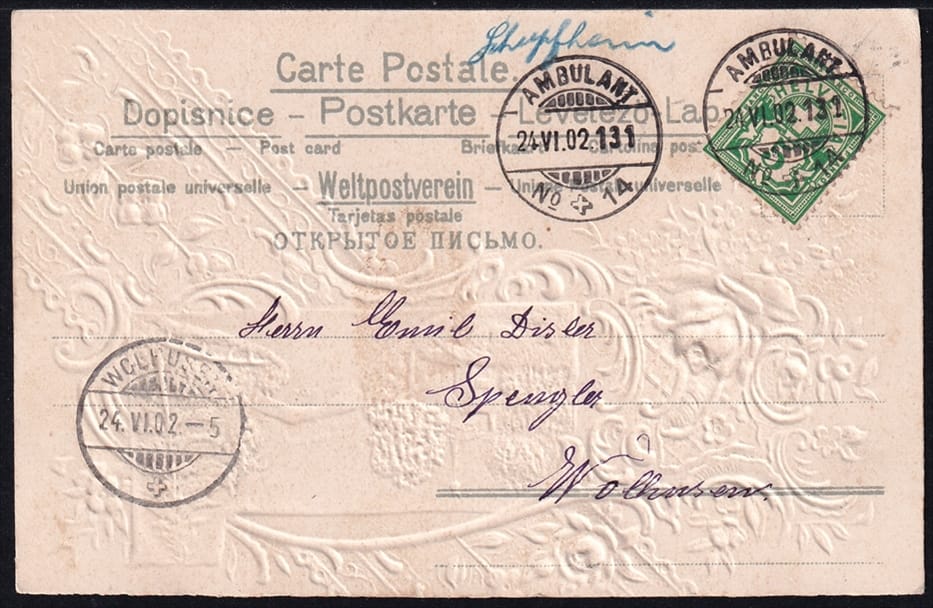 Lithokarten 1902 - "Blumen, Fluss, Brücke" - Geheimschrift - gestempelt AMBULANT – Bild 2