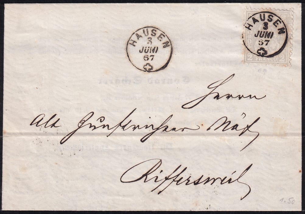 Schweiz, Abstempelungen, Fingerhutstempel HAUSEN, zentrisch auf Nr.28