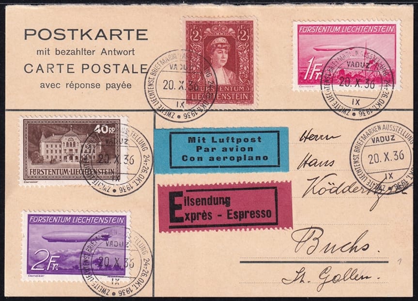 Liechtenstein Flugpost 1936 Mi. Nr. 134, 140, 149 und 150 auf Postkarte