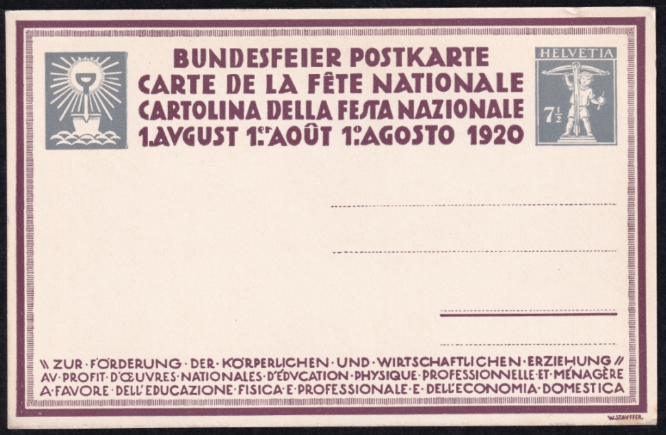 Schweiz Bundesfeierkarten 1920, Die Ernte 7 1/2 Rp., nicht gelaufen