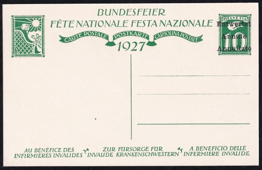 Schweiz Bundesfeierkarten 1927, Knabe mit Fahne 10 Rp., entwertet