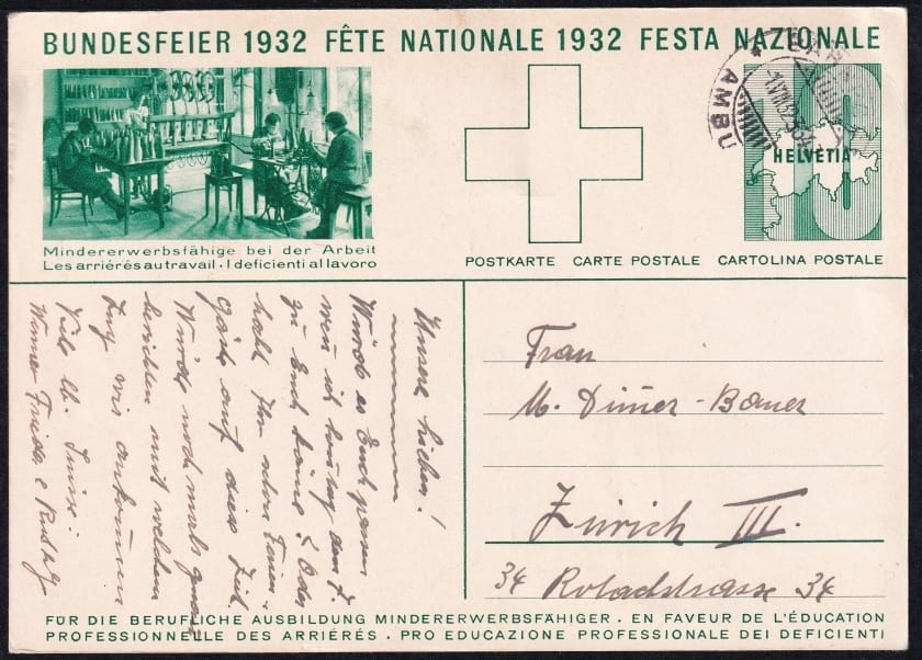 Schweiz Bundesfeierkarten 1932 Bundesfeier am Bielersee 10 Rp., sitzende Frauen in Stickerei, gestempelt 1.8.