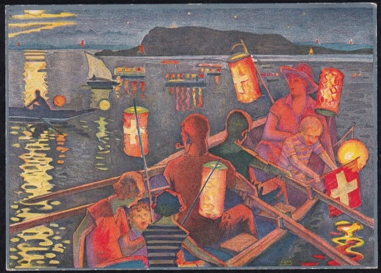 Schweiz Bundesfeierkarten 1932 Bundesfeier am Bielersee 10 Rp., sitzende Frauen in Stickerei, gestempelt 1.8. – Bild 2